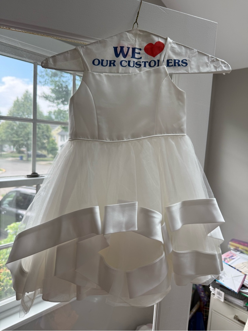 David's Bridal White Satin & Tulle Flower Girl Dress